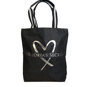 Victorias Secret Black Glitter Canvas Tote Bag With Logo & Striped Handles